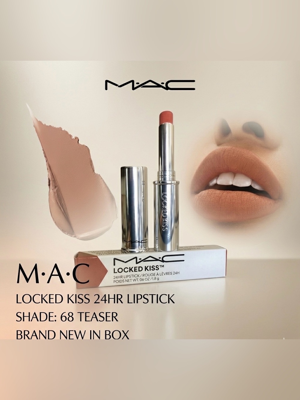 🌟 NEW MAC Locked Kiss 24HR Lipstick #68 Teaser | Longwear Nude Lipstick BNIB 🌟